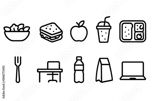 Office lunch outline icon set. Work, meal, snack, food, drink, desktop outline collection