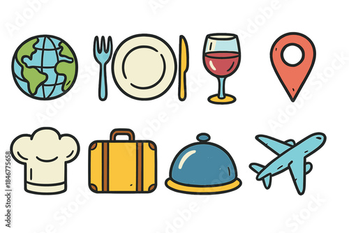 Travel and dining flat icon set. World travel and cuisine icons in line style.