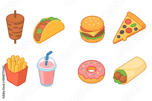 Fast food flat icon set. Burgers, tacos, pizza and more.