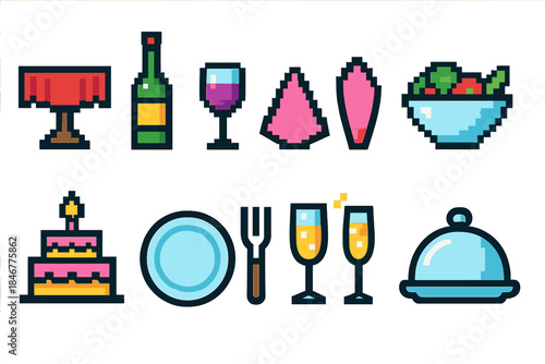 Dining and celebration icon set: outline style for party and food themes
