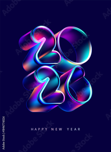 Happy New Year 2026. 3D color numbers in liquid glass style . Holiday colorful numbering design.