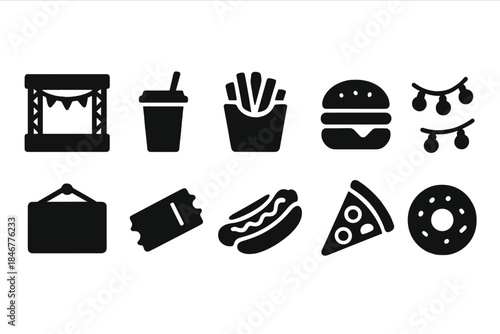 Food and entertainment solid icon set for fast food and festival designs