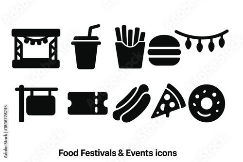 Food festival and events solid icon set. Celebrate culinary delights and gatherings.