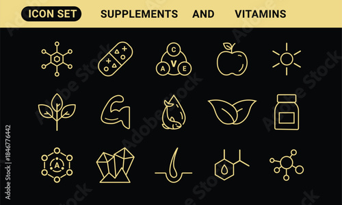 Supplement line editable icon set. Containing vitamin, nutritional Supplements, capsule, protein, minerals, herbal, probiotic, antioxidant and more. Editable stroke. Vector illustration.