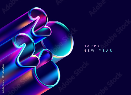 Happy New Year 2026. Greeting card design with 3D color numbers in liquid glass style . Holiday colorful numbering design.