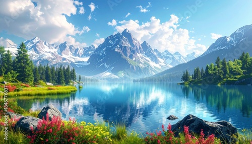 Serene Mountain Lake: A breathtaking panorama unfolds as a placid lake reflects the majestic snow-capped mountains and fluffy clouds above, with vibrant wildflowers painting the foreground.