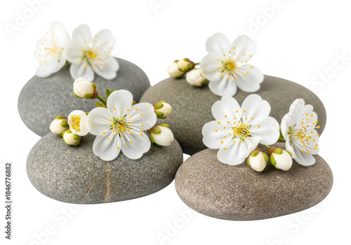 Serene stones with blossoms isolated on transparent background