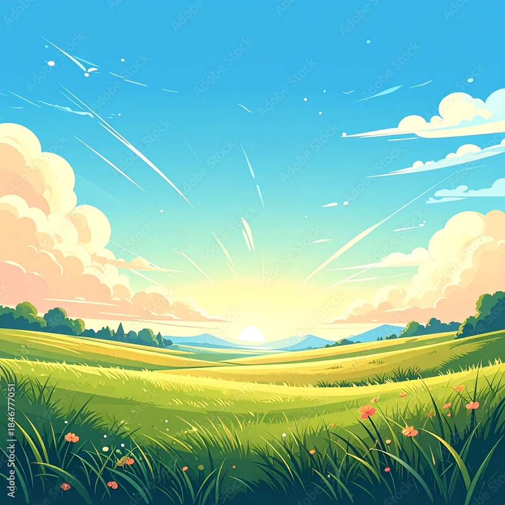 Obraz premium 들판_해가 뜨는 푸른 초원 자연 배경