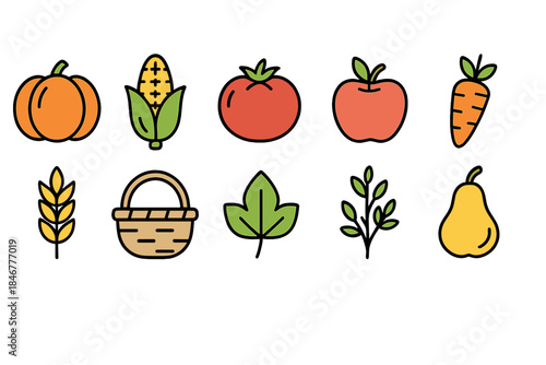 Vegetable and fruit icon set. Colorful outline fruits and vegetables icons collection