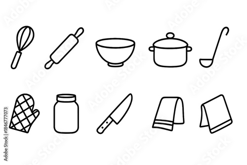 “Kitchen outline icon set. Cooking tools, utensils, and appliances outline collection”