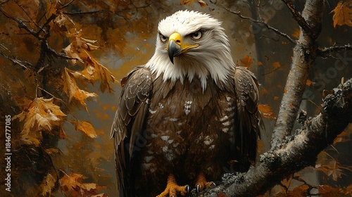 A captivating close-up of a bald eagle perched majestically on a tree branch. The bird's sharp gaze and powerful presence are showcased against an autumnal backdrop, evoking a sense of freedom and