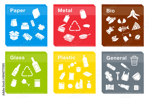 Ready sets of icons for separating trash. Vector elements are made with high contrast, well suited to different scales and on different media. Ready for use in your design. EPS10.