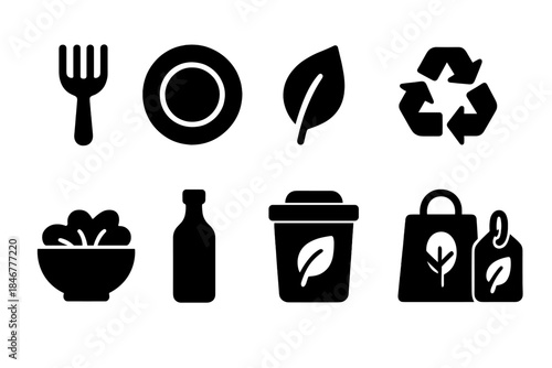 Eco-friendly, recycling solid icon set. Sustainable living, green lifestyle symbols