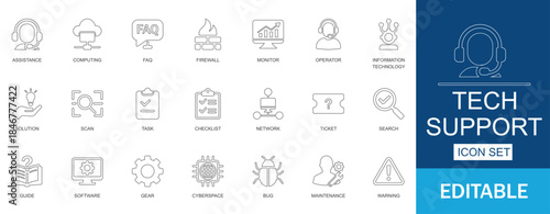 Tech Support line Icon Set. Features icons of technical, service, technology, headset, cloud, support, and help. Perfect for IT helpdesks and apps.