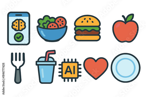Food and nutrition icon set. Flat style healthy eating and diet icons collection