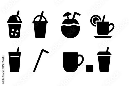 Beverage silhouette icon set. Drinks, coffee, juice, cocktail icons in silhouette style