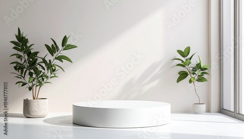 Product Showcase with Botanical Accents: A minimalist composition showcasing a sleek product pedestal, enhanced by natural light and vibrant potted plants.