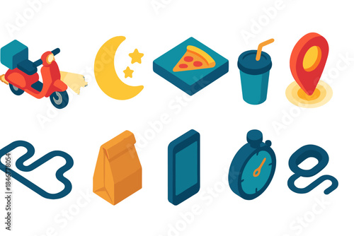 Delivery and location flat icon set. Food, transportation, navigation icons collection.