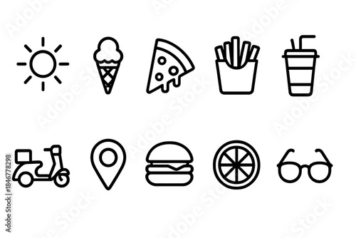 Food and travel line icon set. Summer, snacks, fast food, vacation symbols.