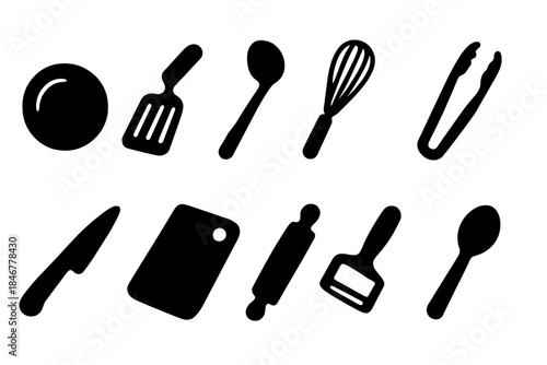 Cooking tools silhouette icon set. Kitchen utensils in silhouette style collection.