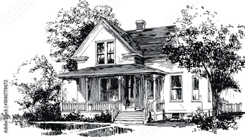 Architectural Vector Illustration of a House with Front Porch Design