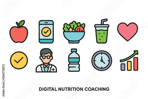 Digital nutrition coaching flat icon set. Health, wellness, diet management icons
