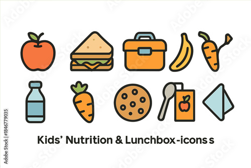 Kids' nutrition and lunchbox icon set. Healthy food and snack icons collection.