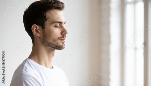 Inner Peace and Reflection: A tranquil individual, eyes gently closed, embodies serenity in a moment of introspection, showcasing a calm state of mind.