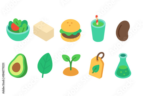 Vegan food flat icon set. Plant-based, vegetarian symbols in flat style.