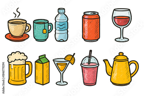 Beverage, drinks filled icon set. Coffee, wine, tea, juice, cocktail, soda icons collection