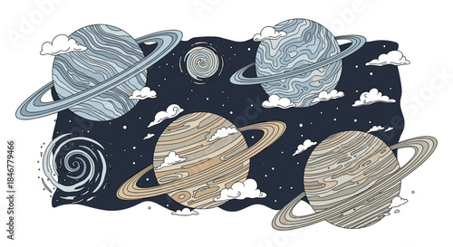 Hand-drawn collection of ringed planets like Saturn and Jupiter, set against a dark space background with stars and galaxies.