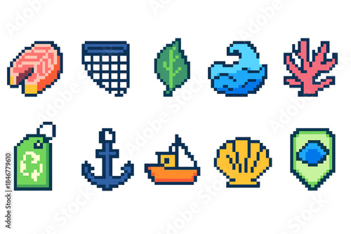 Fishing and marine pixel art icon set. Nautical, seafood flat collection