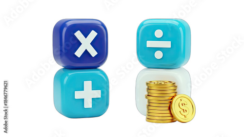 3D Math Symbols and Coins Representing Finance and Calculations