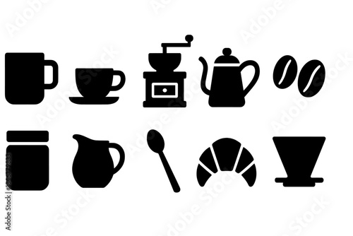 Coffee and cafe silhouette icon set. Cups, pots, grinder, beans, spoon, croissant