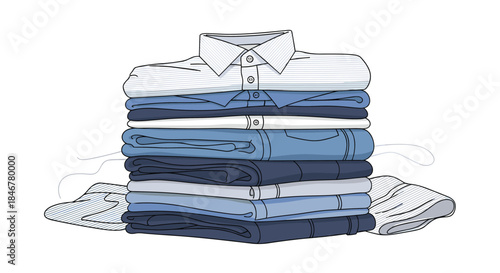 Neatly folded stack of clean laundry including blue jeans, trousers, and collared shirts, illustrated in a clean line art style.