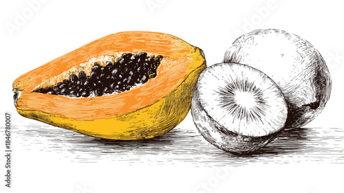 Fruit Vector Illustration with Papaya and Kiwi Halves for Graphic Design Projects