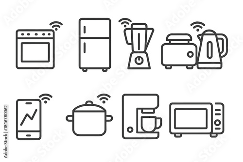 Smart home appliances outline icon set. Kitchen electronics connectivity icons collection