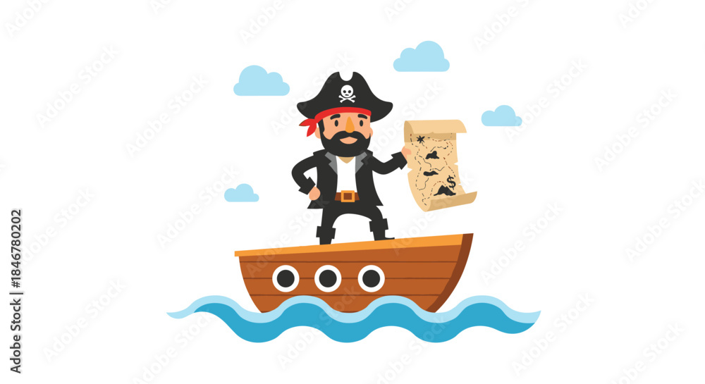 Obraz premium Friendly cartoon pirate with a beard, eyepatch, and captain's hat standing on a small boat at sea while holding a treasure map.