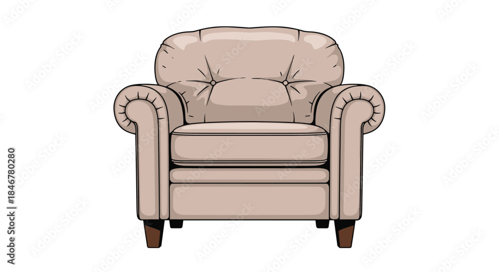 Fototapeta premium Classic and comfortable cushioned armchair with rolled arms and tufted back, illustrated in a detailed, hand-drawn vintage style.