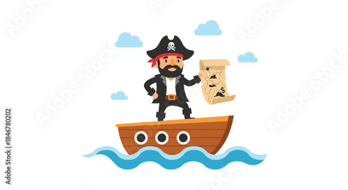 Friendly cartoon pirate with a beard, eyepatch, and captain's hat standing on a small boat at sea while holding a treasure map.