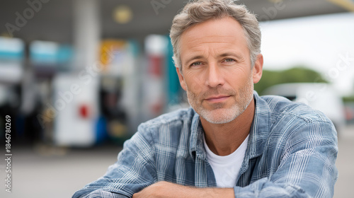 Fototapeta Naklejka Na Ścianę i Meble -  Faceless portrait of middle aged man working at gas station, fuel industry employee, petroleum retail worker, service station professional, defocused mature worker, with copy space