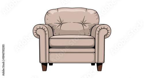 Classic and comfortable cushioned armchair with rolled arms and tufted back, illustrated in a detailed, hand-drawn vintage style.