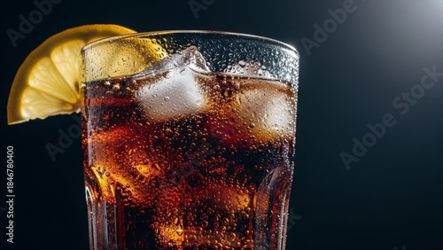 Refreshing glass of cola with lemon on dark background