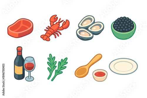 Gourmet food icon set: flat culinary, wine, seafood, and seasoning in flat style