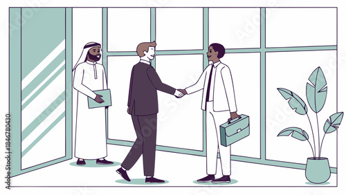 Executives of diverse ethnicities shaking hands in a modern office with natural light and a clean, professional corporate style.