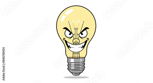 Evil light bulb cartoon mascot with a sinister grin and angry eyebrows, representing a wicked or brilliant but dangerous idea.
