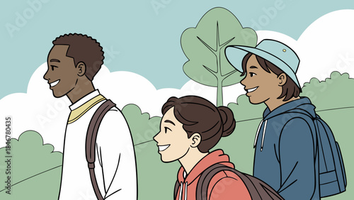 A diverse group of young adults smiling outdoors in a sunny park, clean composition, soft natural light, modern lifestyle aesthetic.