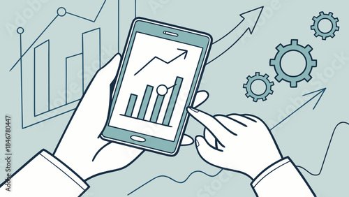Hands holding a smartphone displaying growth charts, corporate blurred background, digital technology and business theme.