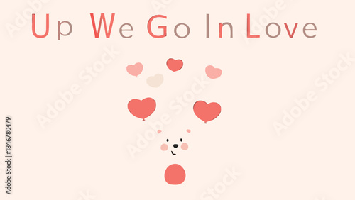 Cute cartoon bear floating with pastel heart balloons in soft pink background