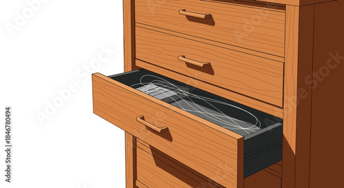 Open drawer in a wooden dresser revealing a messy tangle of white electronic cables and chargers, illustrating disorganization.